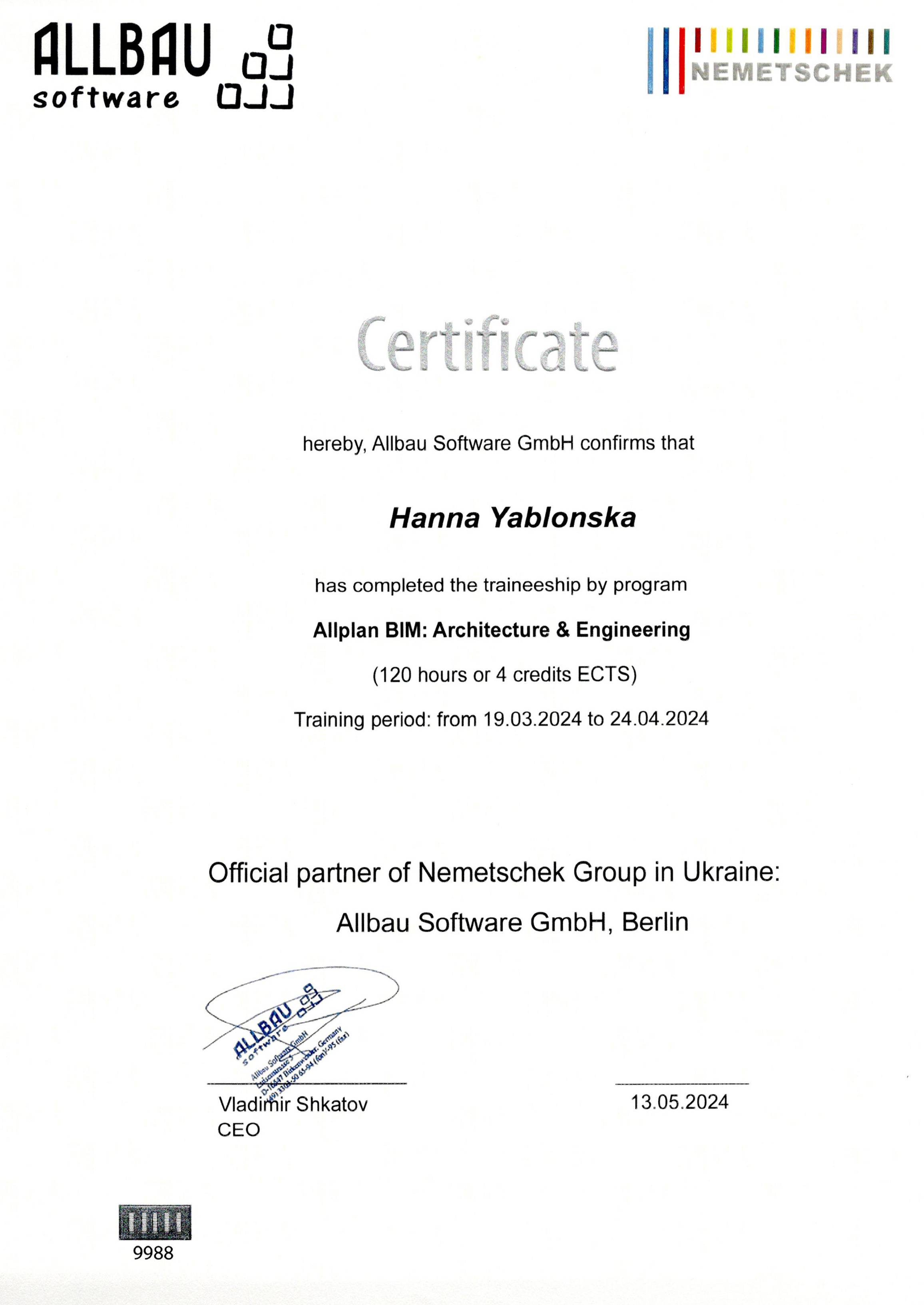 Міжнародне стажування за програмою "Allplan BIM: Architecture & Engineering" (120 hours or 4 credits ECTS) Certificate №9986, Берлін 2024